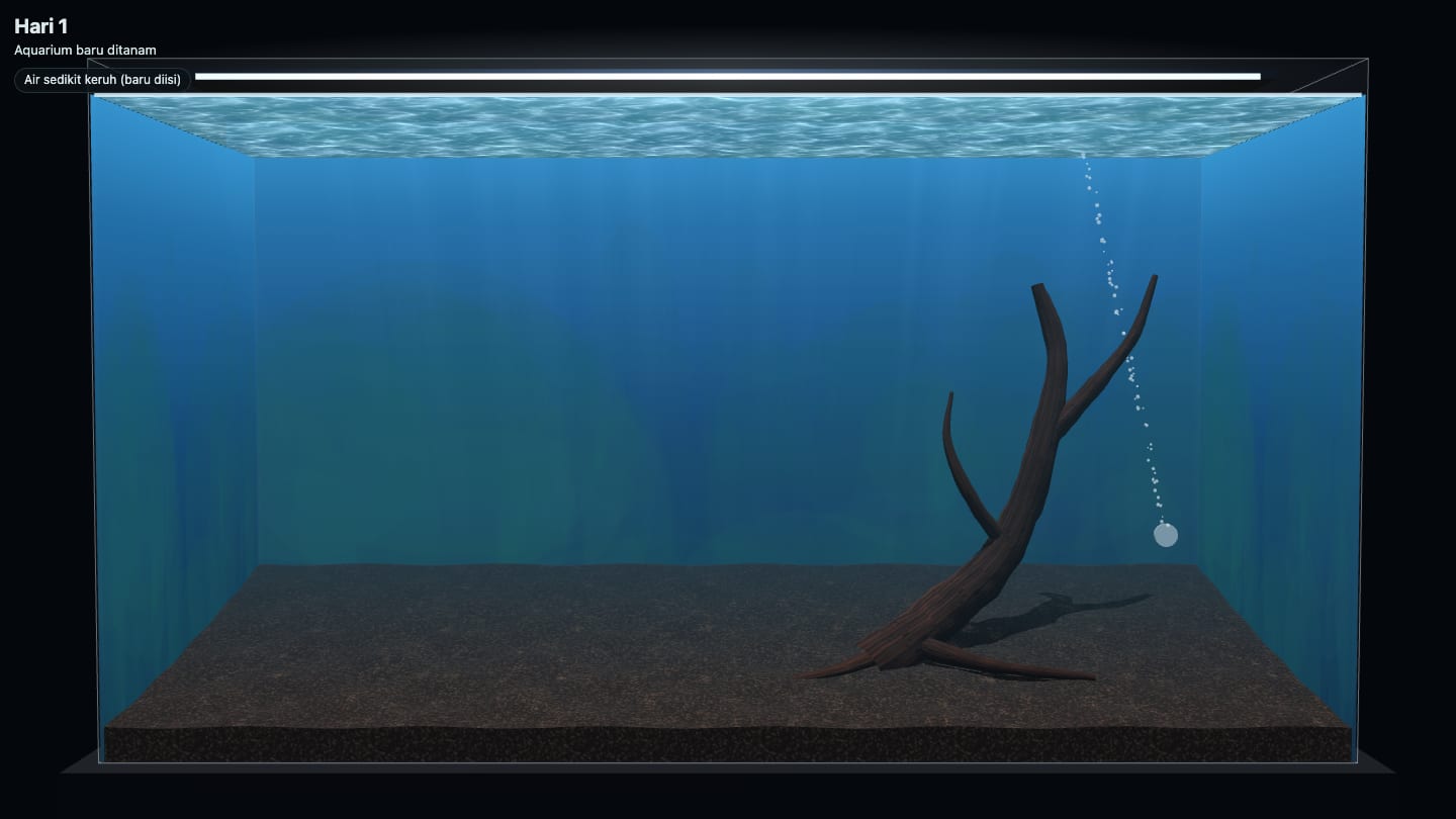 Simulasi kayu aquascape: satu driftwood bercabang berdiri miring di sepertiga kanan akuarium, di atas aquasoil, hari pertama